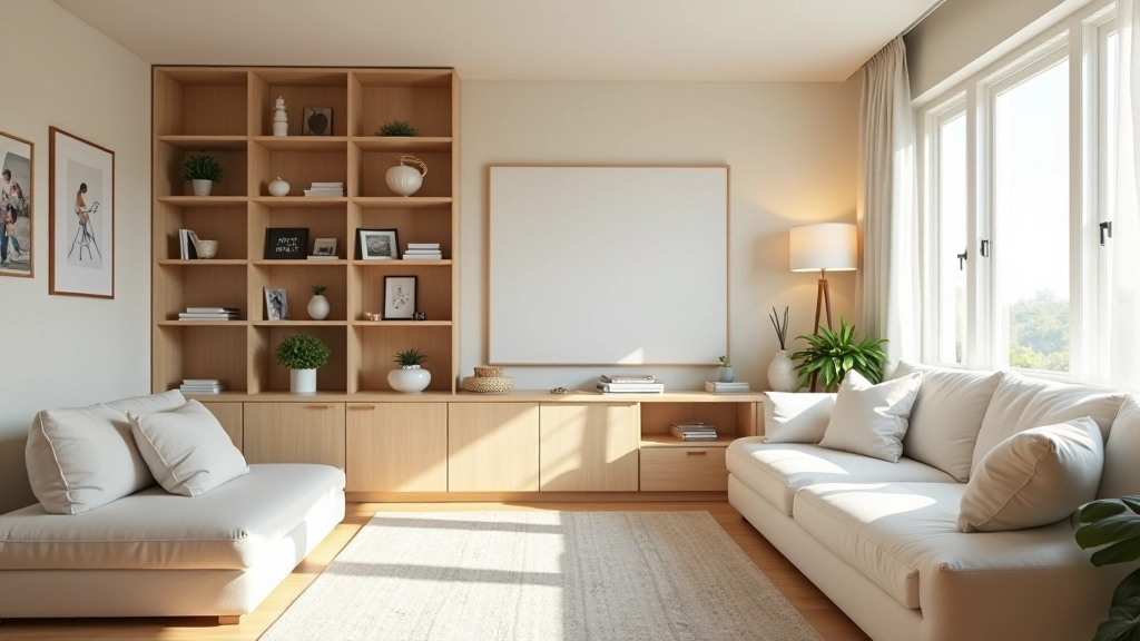 Beautifully organized modern living room with neutral tones, wooden shelving with neatly arranged home décor, family photos, and comfortable seating, natural lighting from large windows, warm and inviting atmosphere