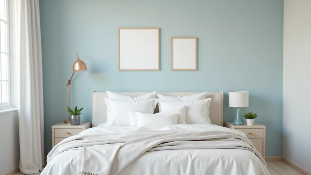 Interior room with freshly painted accent wall in soft blue-gray tone, complementary neutral furniture, and seasonal wall art