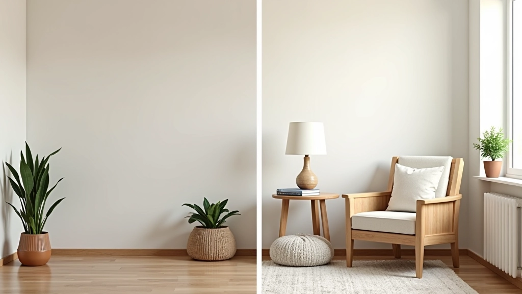 Step-by-step visual showing transformation of empty corner into complete relaxation nook with chair, lighting, and comfort elements