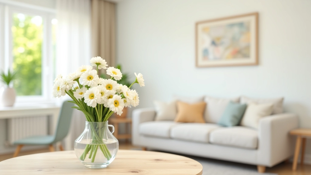 Bright living room with spring décor, fresh plants, and updated furnishings showing seasonal refresh updates