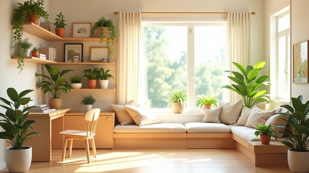 Organized home office with shelving, plants, and comfortable seating area
