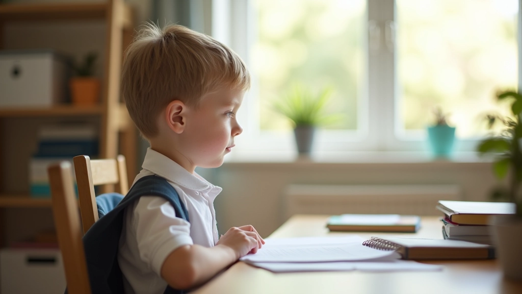 Child sitting at desk with proper posture, feet flat on floor, chair at correct height, screen at eye level, ergonomic setup for homework