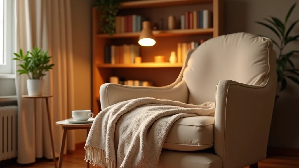Well-lit reading nook with comfortable chair, throw blanket draped over armrest, small side table with tea cup, and soft ambient lighting