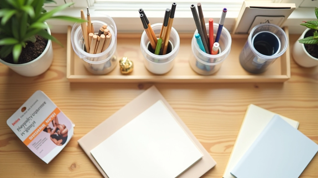 Organized desk storage with clear containers, labeled compartments holding pens and supplies, shelf organizer above desk with books and materials
