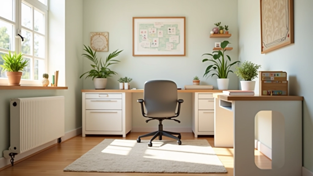 Well-organized home office space with desk, shelving, and storage solutions for productivity