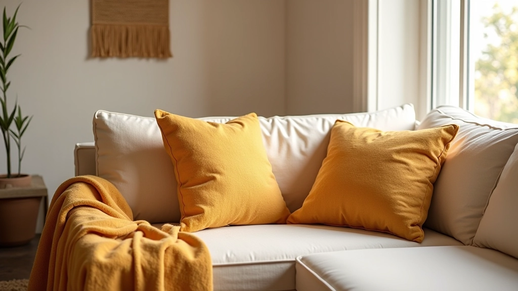Living room with layered throw pillows in seasonal colors, cozy blankets draped over furniture, and textured wall hanging