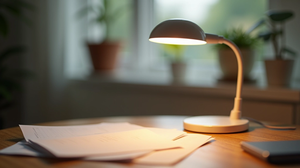 Desk lamp positioned over study area with warm LED lighting, reducing eye strain and creating focused work environment for children