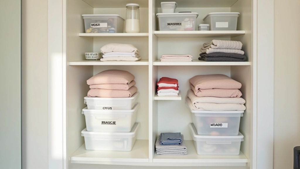 Bedroom with neatly folded clothes in clear storage boxes on shelves