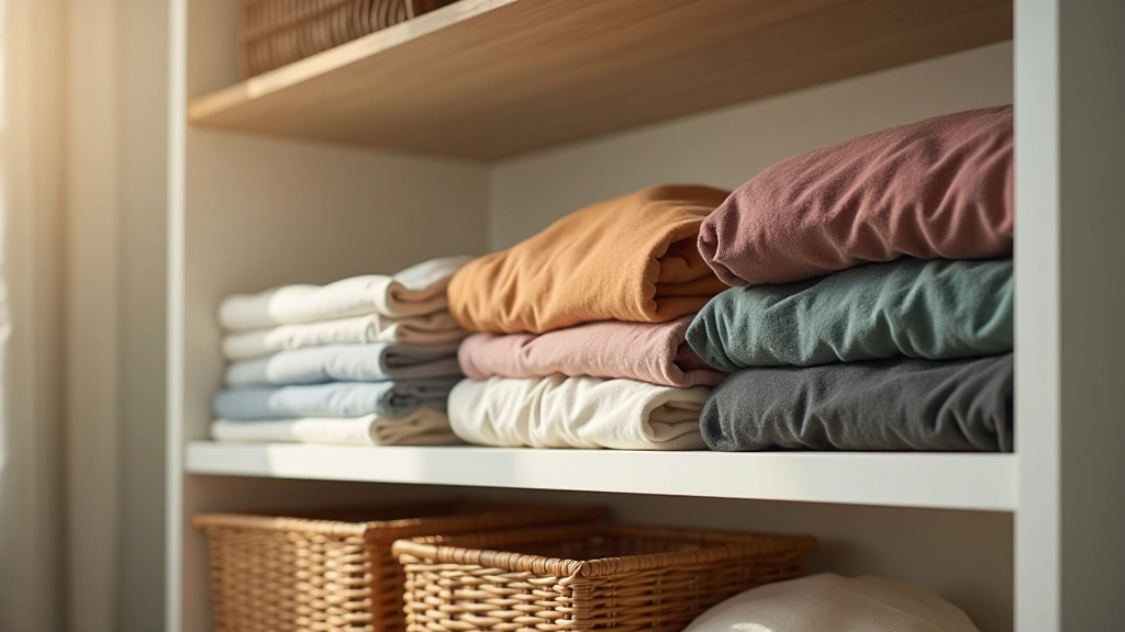 Organized closet shelf with neatly folded seasonal clothing and storage baskets ready for seasonal transition