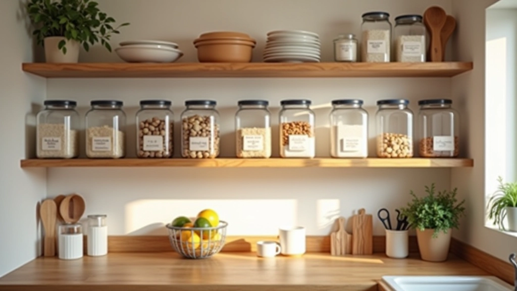 Organized kitchen shelves with matching clear containers, labeled items, and neat arrangement of cookware and pantry items