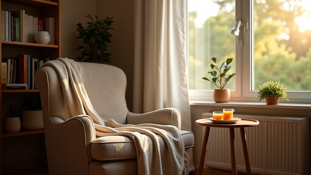 Cozy reading corner with comfortable armchair, soft throw blanket, bookshelf, and warm table lamp