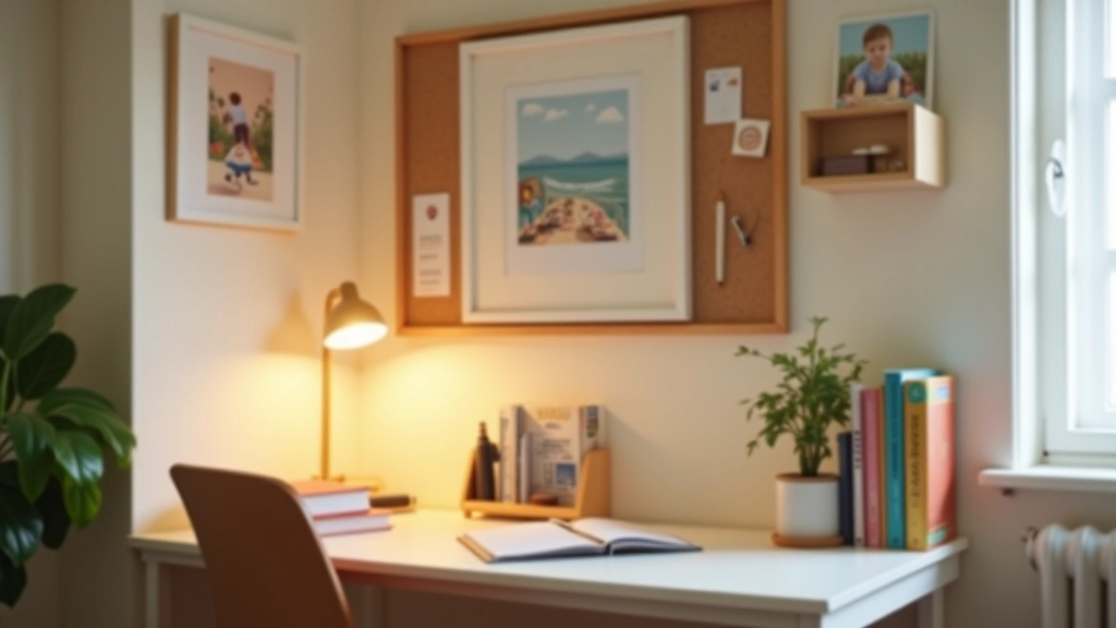 Personalized child's study area with photos, artwork on walls, bulletin board with drawings, decorative elements reflecting individual style and interests
