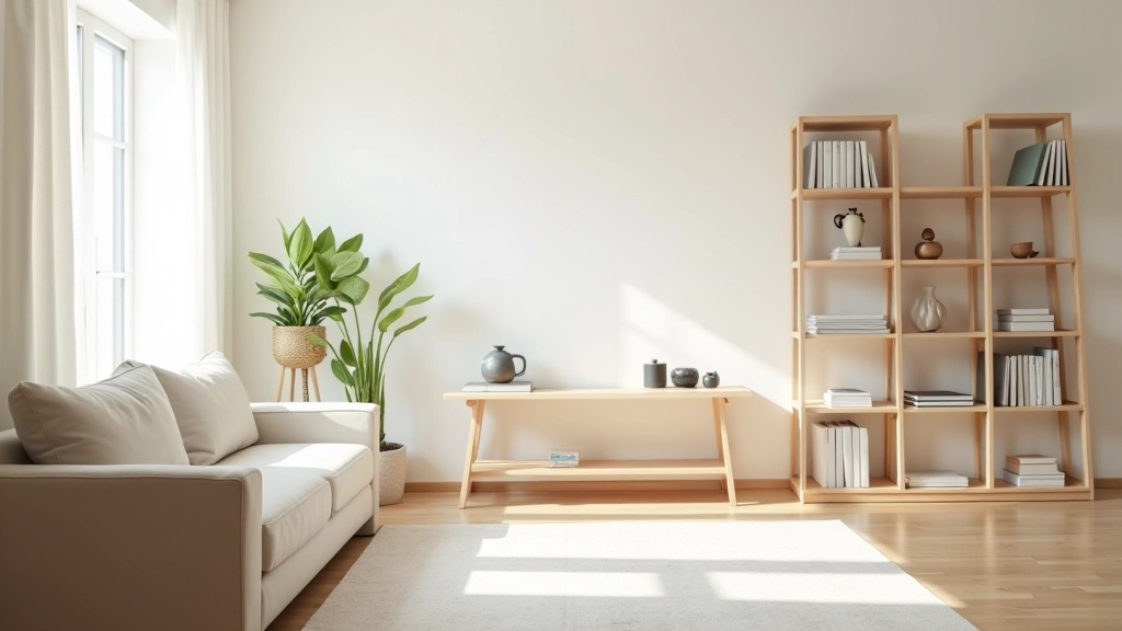 Spacious living room with minimal furniture and organized shelving, showing a calm, uncluttered space