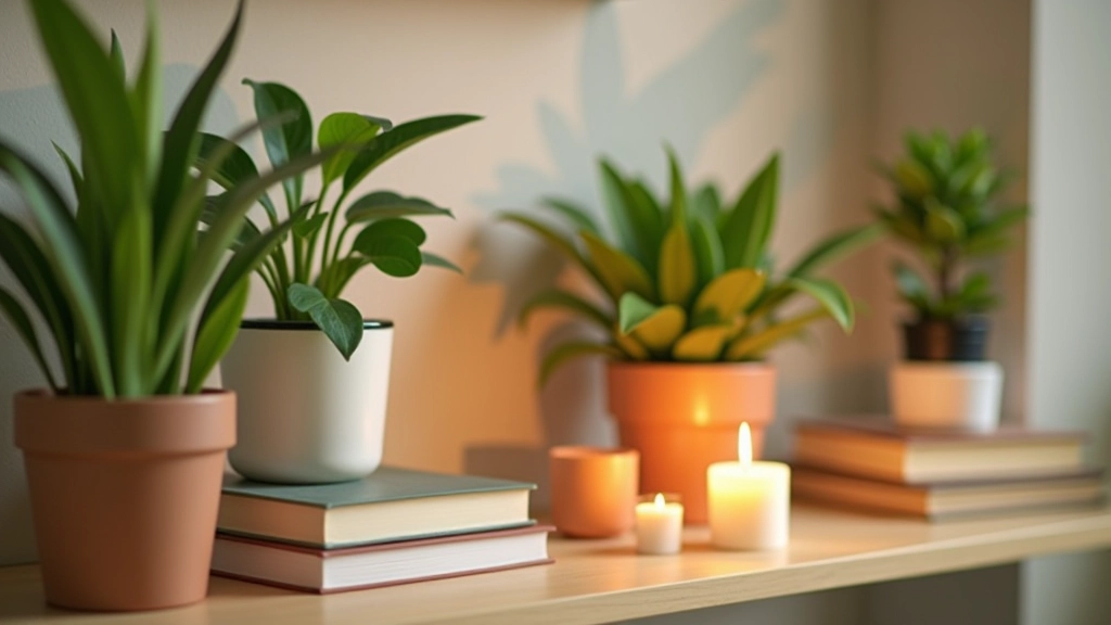 Styled shelf display with seasonal decor including potted plants, books, candles, and decorative objects arranged thoughtfully