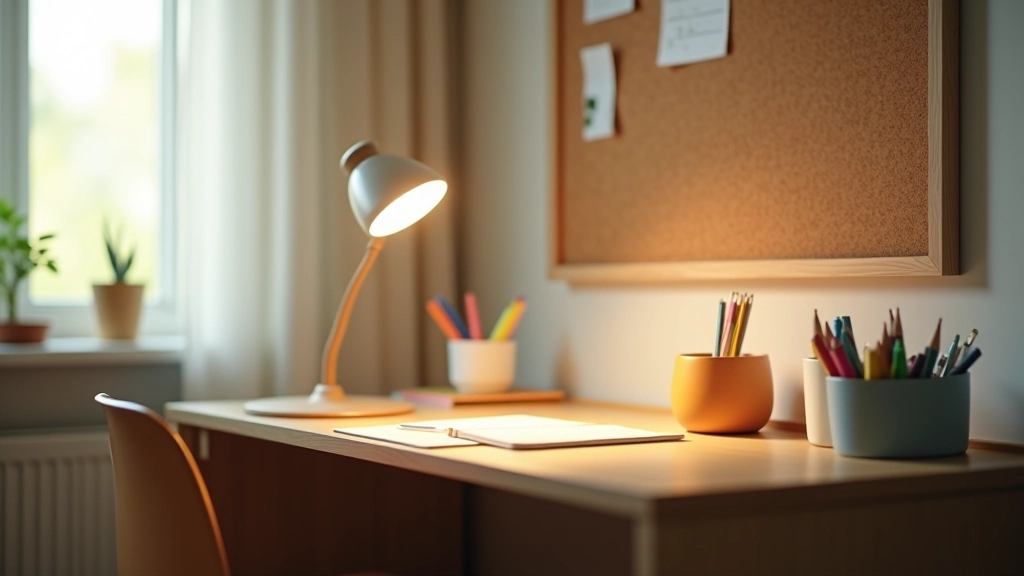 Child's desk setup with proper lighting, organized supplies, and comfortable chair by window