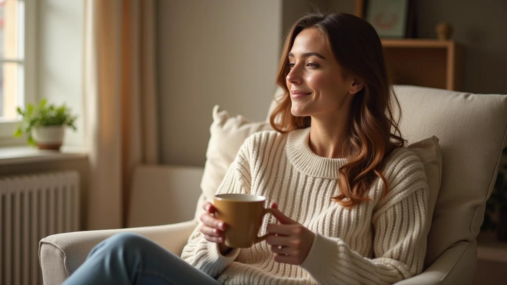 Person sitting peacefully in relaxation nook with warm beverage, natural morning light, completely at ease in their personal space